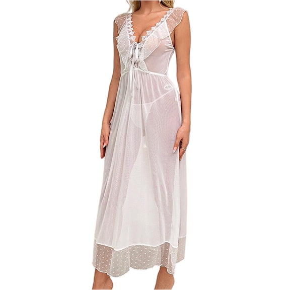 WTOBBY Women's Polka Dot Mesh Nightgown, Contrast Panel Long Chemise, Sheer Sleeves with Ruffled Hem, Comfortable Sleep Dress ,White XL