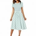 thumbnail image 1 of WTOBBY Women's Polka Dot Printed Belted Waist Short Sleeve Round Neck Casual Elegant Spring Dress,Light Blue XL, 1 of 4