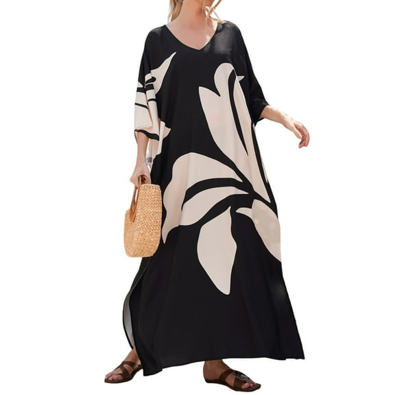 WTOBBY Women's Printed Beach Dress, Vibrant Floral Vacation Loose Cover Up Bikini Sun Protective Tunic Free Size for Poolside Beach Parties and Resort,Khaki