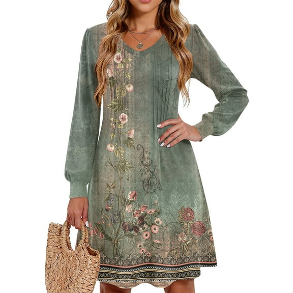 WTOBBY Women's Printed Casual V-Neck Long Sleeve Mid-Length Dress Fashion Floral Pattern Comfortable Daily Wear with Elegant Design,Cyan XL