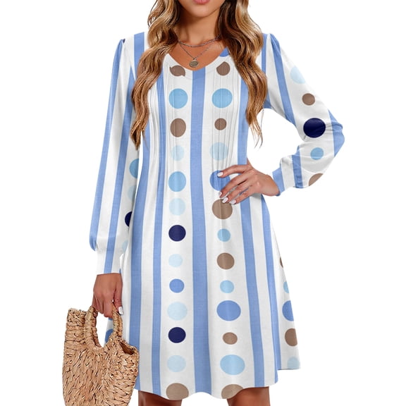 WTOBBY Women's Printed Casual V-Neck Long Sleeve Mid-Length Dress Fashion Floral Pattern Comfortable Daily Wear with Elegant Design,Light Blue XL