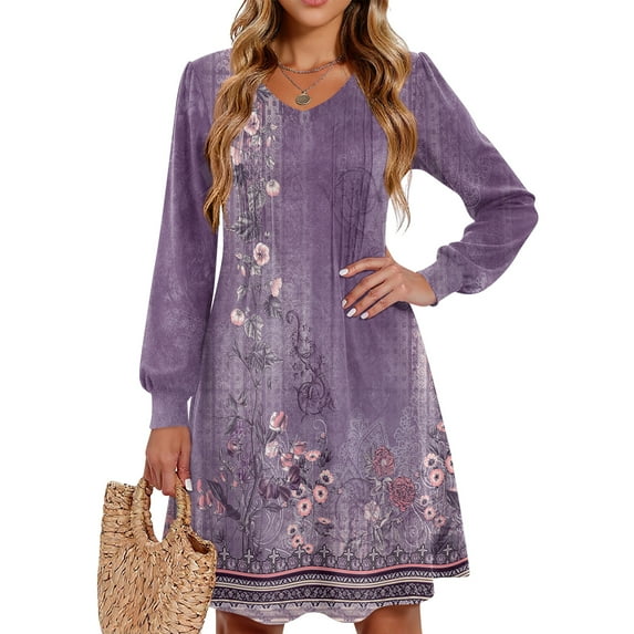 WTOBBY Women's Printed Casual V-Neck Long Sleeve Mid-Length Dress Fashion Floral Pattern Comfortable Daily Wear with Elegant Design,Purple 2XL