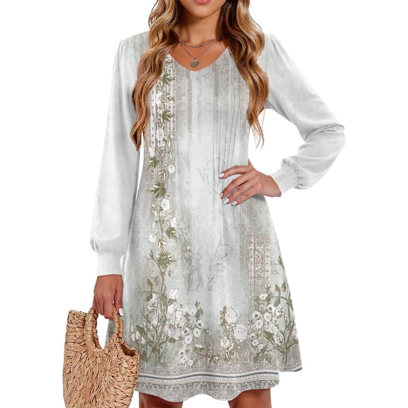 WTOBBY Women's Printed Casual V-Neck Long Sleeve Mid-Length Dress Fashion Floral Pattern Comfortable Daily Wear with Elegant Design,White 2XL