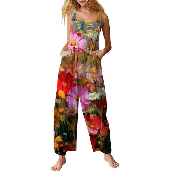 WTOBBY Women's Printed Cotton Casual Jumpsuit with Sleeveless Design, Comfortable and Easy to Wear, Ideal for Summer Activities and Relaxed Outfits,Hot PinkM