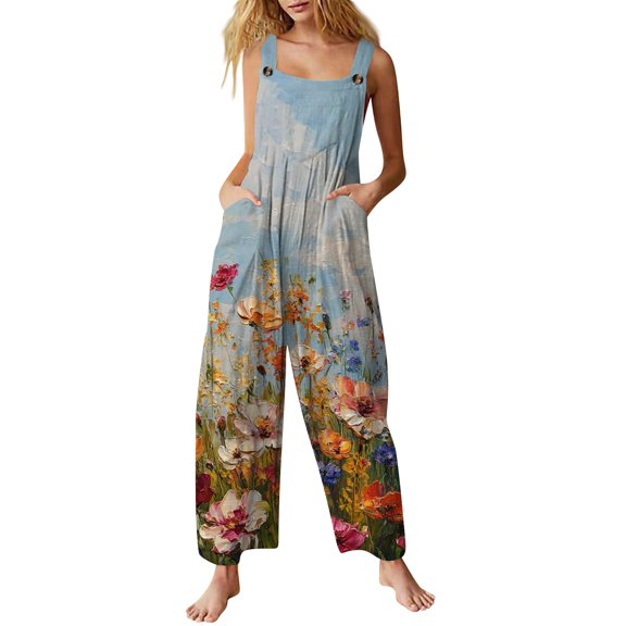 WTOBBY Women's Printed Cotton Casual Jumpsuit with Sleeveless Design, Comfortable and Easy to Wear, Ideal for Summer Activities and Relaxed Outfits,Light BlueM