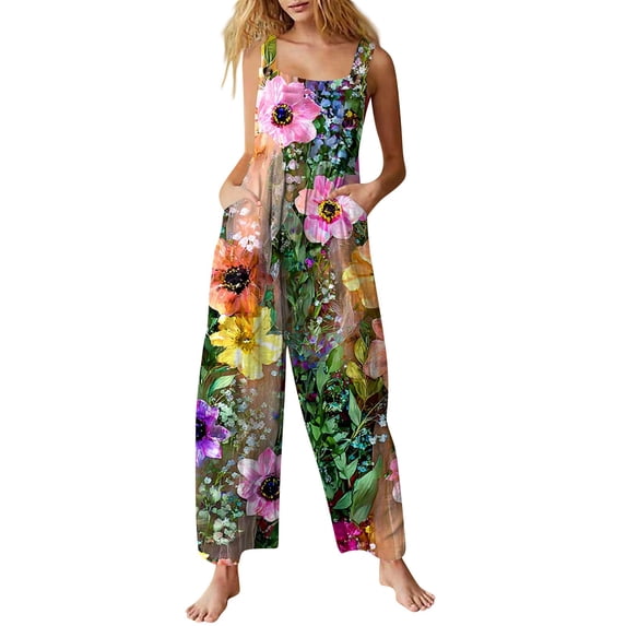 WTOBBY Women's Printed Cotton Casual Jumpsuit with Sleeveless Design, Comfortable and Easy to Wear, Ideal for Summer Activities and Relaxed Outfits,PinkM