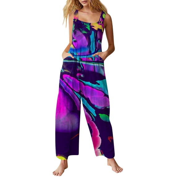 WTOBBY Women's Printed Cotton Casual Jumpsuit with Sleeveless Design, Comfortable and Easy to Wear, Ideal for Summer Activities and Relaxed Outfits,PurpleS