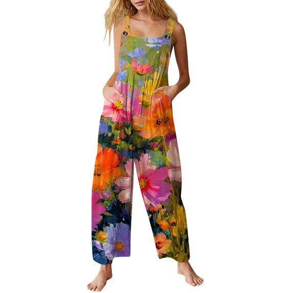 WTOBBY Women's Printed Cotton Casual Jumpsuit with Sleeveless Design, Comfortable and Easy to Wear, Ideal for Summer Activities and Relaxed Outfits,Wine4XL