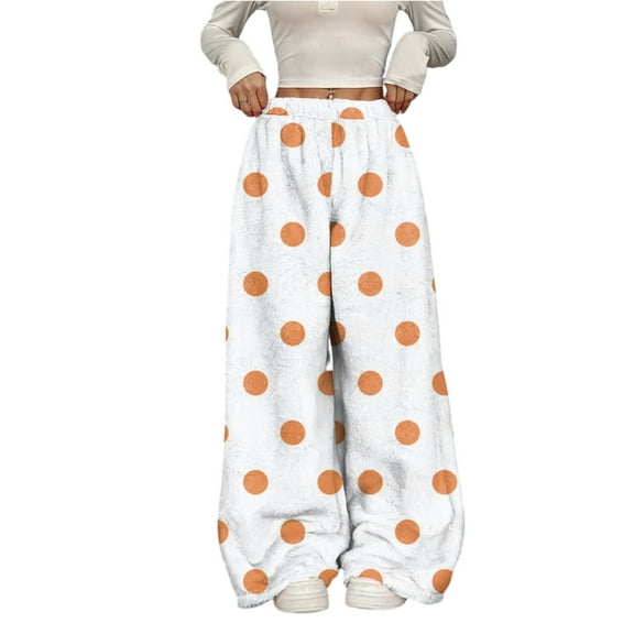 WTOBBY Women's Printed Elastic Waist Loose Wide Leg Pants with Fleece Lining, Casual and Fashionable for Cold Weather Comfort and Daily Use,Orange S