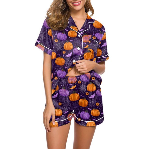 WTOBBY Women's Printed Halloween Pajama Set Loose Casual Short Sleeve Top with Elastic Waist Shorts Two-Piece Comfy Sleepwear Home Lounge Wear Outfit,Purple S