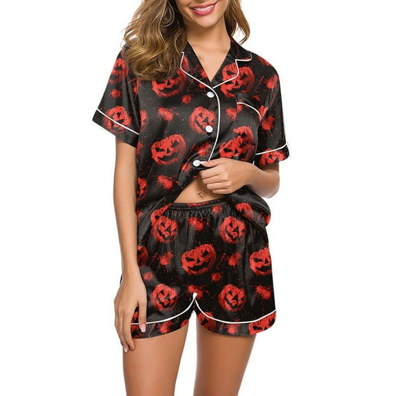 WTOBBY Women's Printed Halloween Pajama Set Loose Casual Short Sleeve Top with Elastic Waist Shorts Two-Piece Comfy Sleepwear Home Lounge Wear Outfit,Wine S