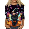 thumbnail image 1 of WTOBBY Women's Printed Halloween Round Neck Blouse with 3/4 Sleeve, Casual Loose Fit Fashion Top for Fall Season, Comfortable Holiday Party and Daily Wear,Blue 3XL, 1 of 5