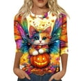 thumbnail image 1 of WTOBBY Women's Printed Halloween Round Neck Blouse with 3/4 Sleeve, Casual Loose Fit Fashion Top for Fall Season, Comfortable Holiday Party and Daily Wear,Light pink 3XL, 1 of 5