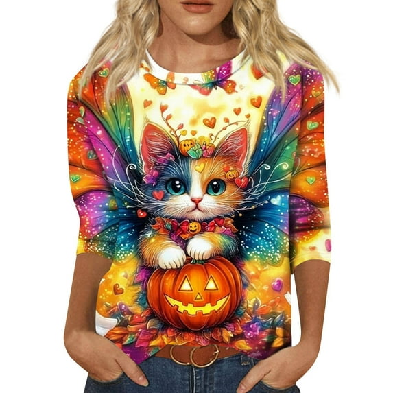 WTOBBY Women's Printed Halloween Round Neck Blouse with 3/4 Sleeve, Casual Loose Fit Fashion Top for Fall Season, Comfortable Holiday Party and Daily Wear,Light pink 3XL