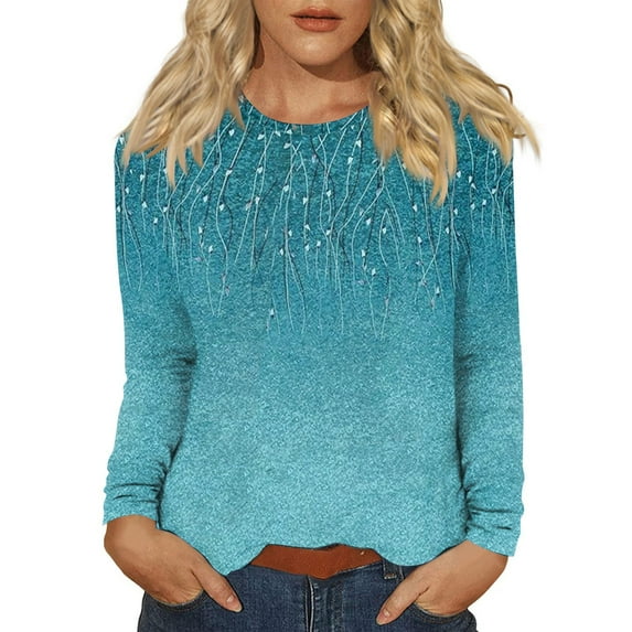 WTOBBY Women's Printed Hem Slit Casual Long Sleeve Round Neck Top Fashionable Design Comfort Fit for Daily Wear Lightweight Fabric Stylish Layering Piece US Market Trendy Outfit,Turquoise M