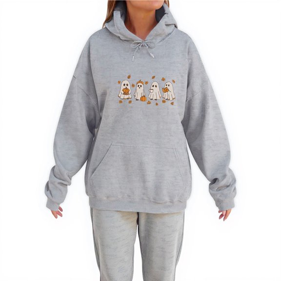 WTOBBY Women's Printed Hooded Sweatshirt and Sweatpants Set, Halloween Themed Graphic Lounge Wear Two Piece Outfit for Seasonal Party,Light Gray M