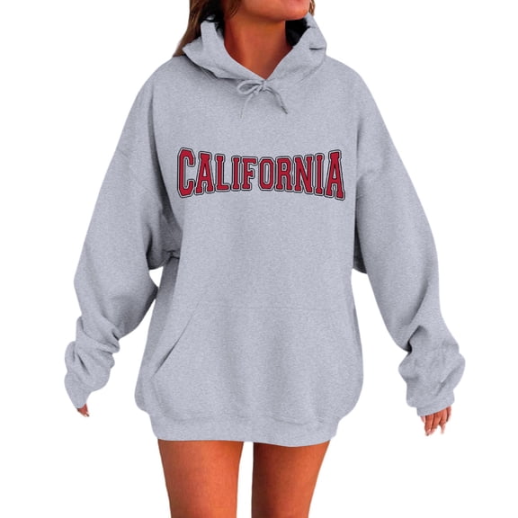 WTOBBY Women's Printed Letter Baseball Jacket Hooded Sweatshirt Long Sleeve Plus Velvet Thick Warm Casual Top for Fall Winter Comfort,Gray M