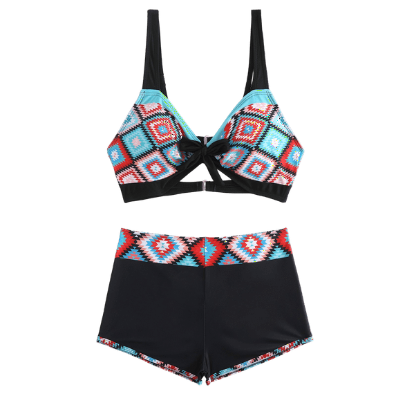 WTOBBY Women's Printed Two-Piece Bikini Set Sexy High Waisted Swimsuit with Bra Pads Non-Steel Support Summer Beach Swimwear,Cyan 5XL