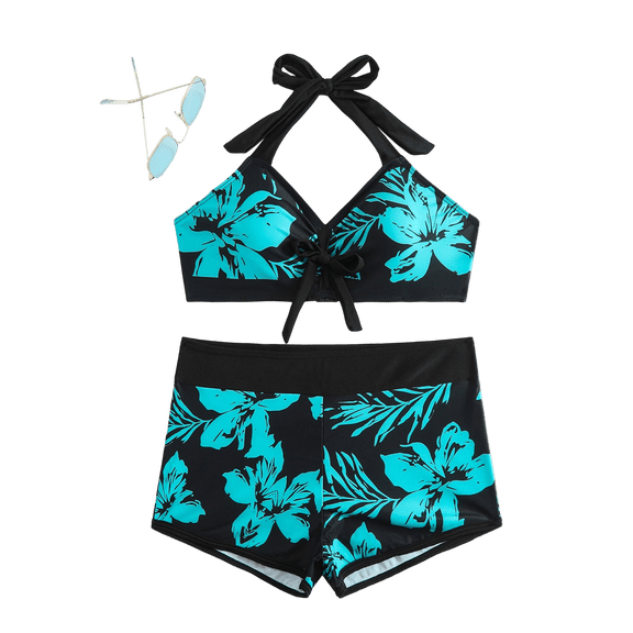 WTOBBY Women's Printed Two-Piece Bikini Set Sexy High Waisted Swimsuit with Bra Pads Non-Steel Support Summer Beach Swimwear,Sky Blue S