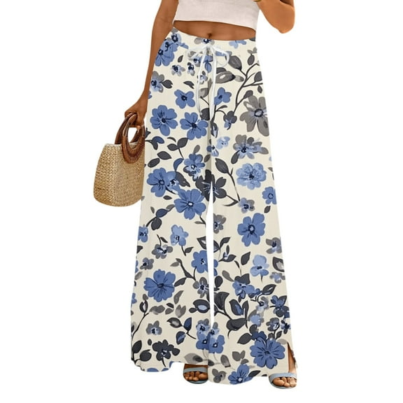 WTOBBY Women's Printed Wide Leg Casual Pants with Floral Design High Waist Drawstring Loose Fit and Side Pockets for Everyday Breathable Style ,Dark Blue S