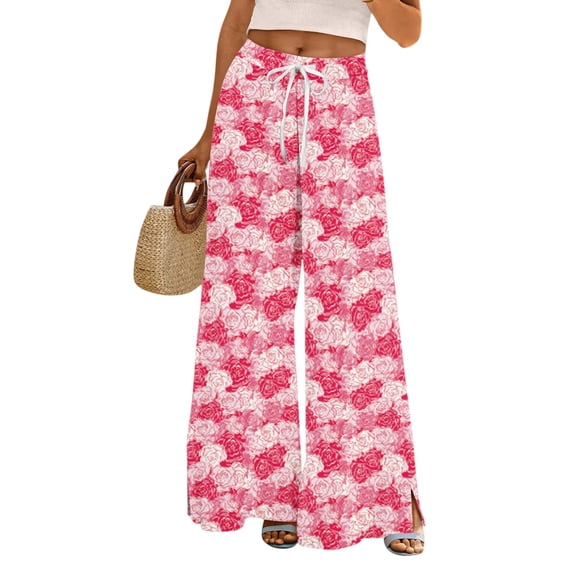 WTOBBY Women's Printed Wide Leg Casual Pants with Floral Design High Waist Drawstring Loose Fit and Side Pockets for Everyday Breathable Style ,Pink S