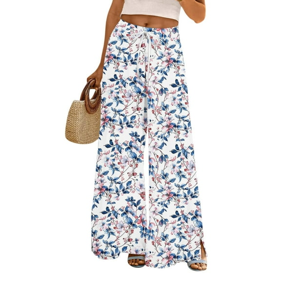 WTOBBY Women's Printed Wide Leg Casual Pants with Floral Design High Waist Drawstring Loose Fit and Side Pockets for Everyday Breathable Style ,Sky Blue S