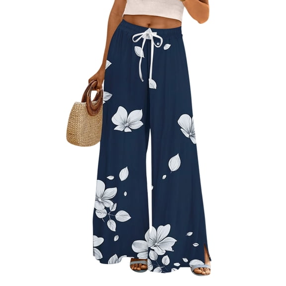 WTOBBY Women's Printed Wide Leg Pants with Floral High Waist Drawstring Loose Casual Trousers and Functional Pockets for Everyday Fashion ,Dark Blue M
