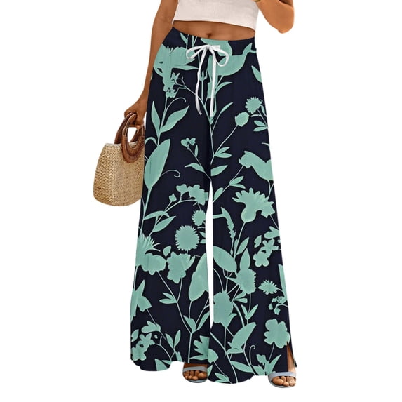 WTOBBY Women's Printed Wide Leg Pants with Floral High Waist Drawstring Loose Casual Trousers and Functional Pockets for Everyday Fashion ,Mint Green L