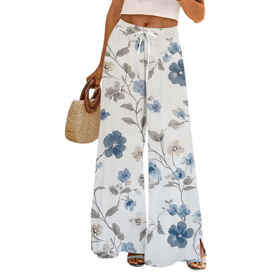 WTOBBY Women's Printed Wide Leg Pants with Floral Design High Waist Drawstring Loose Casual Trousers and Side Pockets for Summer Style ,Sky Blue XL