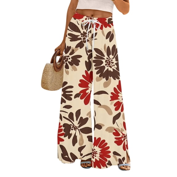 WTOBBY Women's Printed Wide Leg Pants with Floral High Waist Drawstring Loose Casual Trousers and Functional Pockets for Everyday Fashion ,Beige M