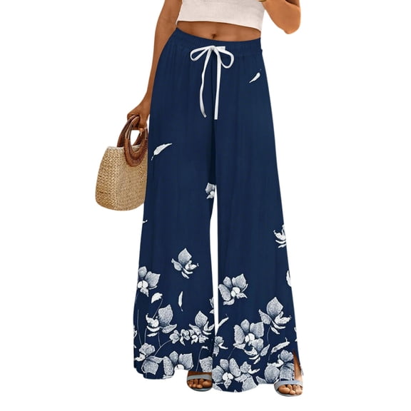 WTOBBY Women's Printed Wide Leg Pants with Floral High Waist Drawstring Loose Casual Trousers and Functional Pockets for Everyday Fashion ,Navy S