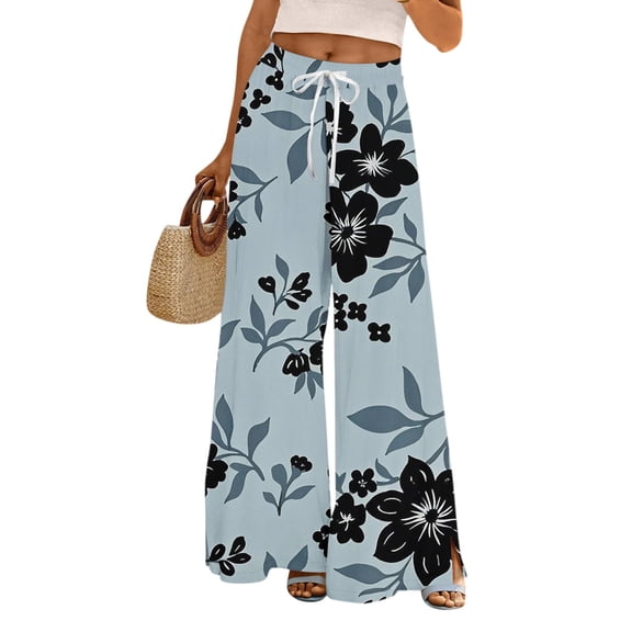 WTOBBY Women's Printed Wide Leg Pants with Floral High Waist Drawstring Loose Casual Trousers and Functional Pockets for Everyday Fashion ,Sky Blue M
