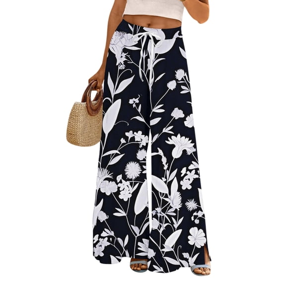 WTOBBY Women's Printed Wide Leg Pants with Floral High Waist Drawstring Loose Casual Trousers and Functional Pockets for Everyday Fashion ,White M