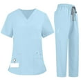 thumbnail image 1 of WTOBBY Women's Quick-Dry Short Sleeve V-Neck Scrubs Set with Pockets, Solid Color Nursing Uniform, 2-Piece Medical Workwear for Healthcare Professionals, Comfort Fit,Light Blue XL, 1 of 7