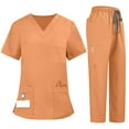 thumbnail image 1 of WTOBBY Women's Quick-Dry Short Sleeve V-Neck Scrubs Set with Pockets, Solid Color Nursing Uniform, 2-Piece Medical Workwear for Healthcare Professionals, Comfort Fit,Orange 2XL, 1 of 7
