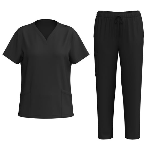 WTOBBY Women's Quick-Dry V-Neck Scrubs Set with Pockets, Short Sleeve Top and Long Pants, Solid Color Nursing Uniform, Medical Workwear for Caregivers, Comfort Fit,Black L