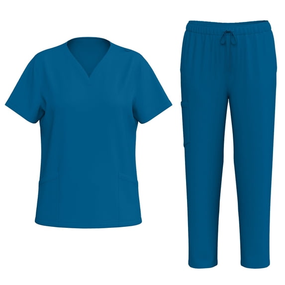 WTOBBY Women's Quick-Dry V-Neck Scrubs Set with Pockets, Short Sleeve Top and Long Pants, Solid Color Nursing Uniform, Medical Workwear for Caregivers, Comfort Fit,Royal Blue XL