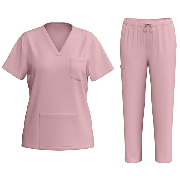WTOBBY Women's Quick-Dry V-Neck Scrubs Set with Pockets, Short Sleeve Top and Long Pants, Solid Color Nursing Uniform, Medical Workwear for Caregivers,Pink XL