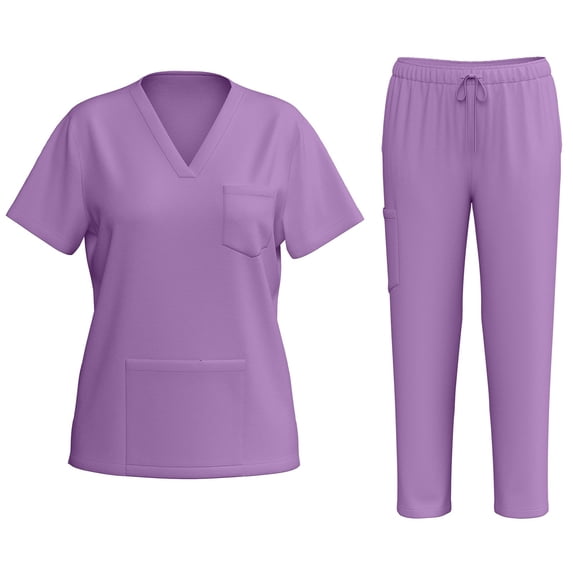 WTOBBY Women's Quick-Dry V-Neck Scrubs Set with Pockets, Short Sleeve Top and Long Pants, Solid Color Nursing Uniform, Medical Workwear for Caregivers,Purple M