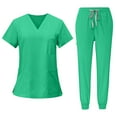 thumbnail image 1 of WTOBBY Women's Quick-Dry V-Neck Scrubs Set, Short Sleeve Top with Pockets & Pants, 2-Piece Nursing Uniform, Medical Workwear for Caregivers, Comfortable Fit,Army Green L, 1 of 4