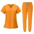 thumbnail image 1 of WTOBBY Women's Quick-Dry V-Neck Scrubs Set, Short Sleeve Top with Pockets & Pants, 2-Piece Nursing Uniform, Medical Workwear for Caregivers, Comfortable Fit,Orange S, 1 of 4