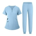 thumbnail image 1 of WTOBBY Women's Quick-Dry V-Neck Zipper Pocket Scrubs Set, Short Sleeve Top and Pants, 2-Piece Nursing Uniform, Medical Workwear for Caregivers, Professional Look,Sky Blue XL, 1 of 4