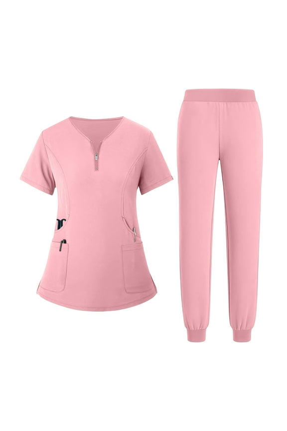 Women's Quick-Dry V-Neck Zipper Pocket Scrubs Set, Short Sleeve Top and Pants, 2-Piece Nursing Uniform, Medical Workwear for Caregivers, Professional Look,Pink 2XL