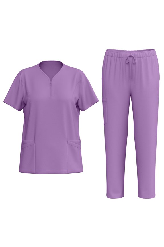 Women's Quick-Dry Zipper Collar Scrubs Set with Pockets, Short Sleeve Top and Pants, Solid Color Nursing Uniform, Medical Workwear for Caregivers, Professional Look,Purple S