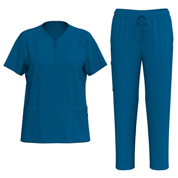 WTOBBY Women's Quick-Dry Zipper Collar Scrubs Set with Pockets, Short Sleeve Top and Pants, Solid Color Nursing Uniform, Medical Workwear for Caregivers, Professional Look,Royal Blue 2XL