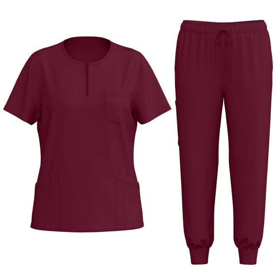 WTOBBY Women's Quick-Dry Zipper Collar Scrubs Set with Pockets, Short Sleeve Top and Pants, Solid Color Nursing Uniform, Medical Workwear for Caregivers,Wine S