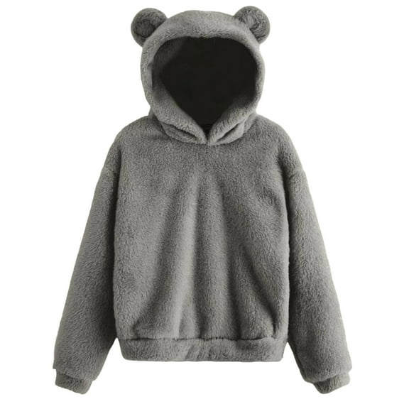 WTOBBY Women's Rabbit Ears Hooded Sweater Fashion Long Sleeve Solid Color Fleece Warm Sweatshirt Top for Fall Winter Cozy Comfort,Dark Gray S