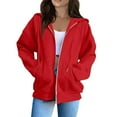 thumbnail image 1 of WTOBBY Women's Raglan Sleeve Hooded Jacket Long Sleeve Solid Color Zip Up Casual Sweatshirt Athletic Fit Fleece Outerwear with Side Pockets for Sports Street Style,Red 2XL, 1 of 5