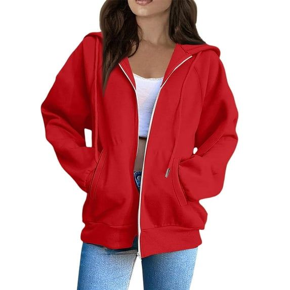 WTOBBY Women's Raglan Sleeve Hooded Jacket Long Sleeve Solid Color Zip Up Casual Sweatshirt Athletic Fit Fleece Outerwear with Side Pockets for Sports Street Style,Red 2XL