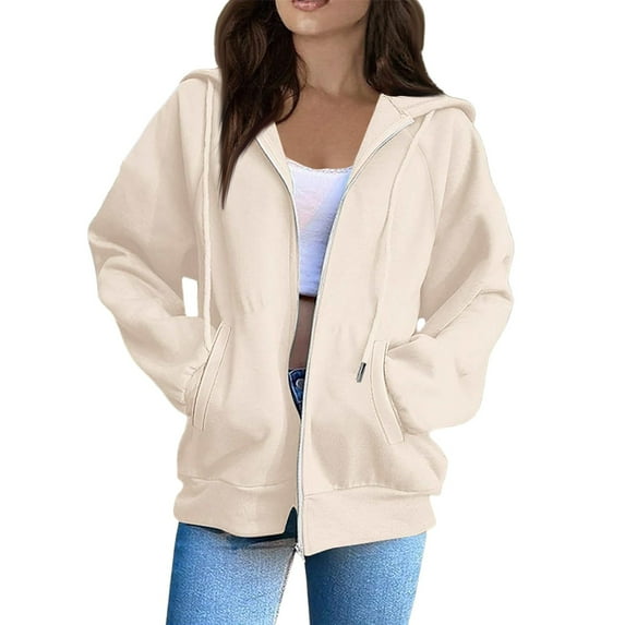 WTOBBY Women's Raglan Sleeve Hooded Jacket Long Sleeve Solid Color Zip Up Casual Sweatshirt Athletic Fit Fleece Outerwear with Side Pockets for Sports Street Style,Beige L